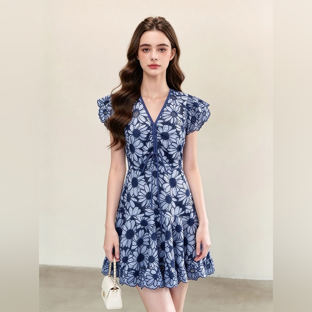 Blue Crochet Daisy Floral Dress